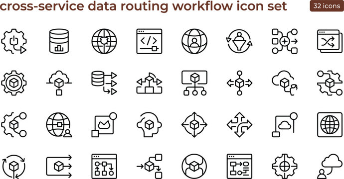 Cross Service Data Routing Workflow Icon Set with Network Integration and Distributed System Architecture Symbols