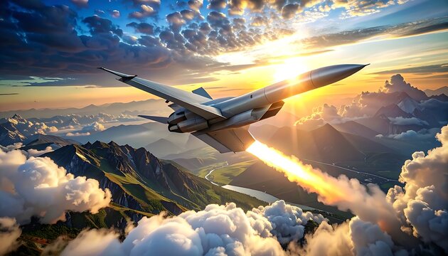Pixel art jet plane flying through clouds at sunset, leaving a fiery contrail, mountain landscape below, retro gaming aesthetic