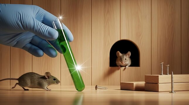 Gloved hand holds green test tube near curious mouse in wooden lab illustrating hantavirus sample collection