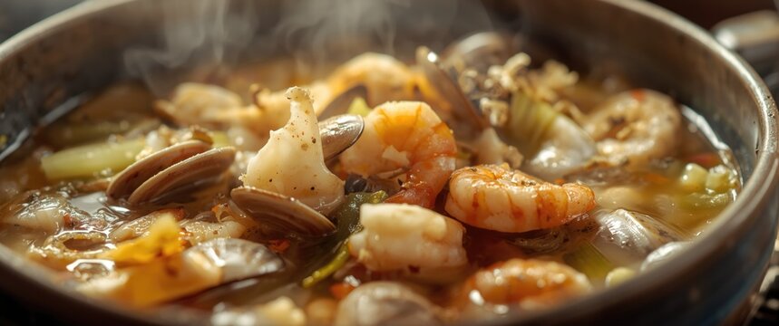 Classic seafood chowder full of fresh clams shrimp and celery in a creamy broth