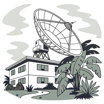 parabolic satellite dish with building and tropical plants illustration