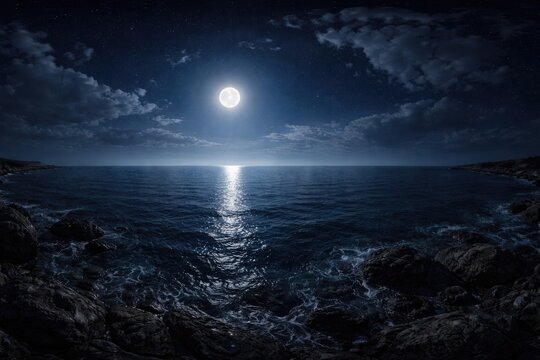 360 degree HDRI environment mapped moonlit ocean panorama