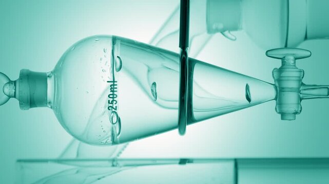 Chemical apparatus with ball absorber, bulb lab condenser, and separatory funnel as water-clear fluid drains from the funnel through the opened valve, bubbles rising inside on cyan ramp bg