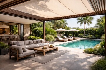 Obraz premium Stylish outdoor living area complete with a swimming pool and shaded patio