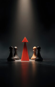Red arrow stands tall among chess pieces under spotlight