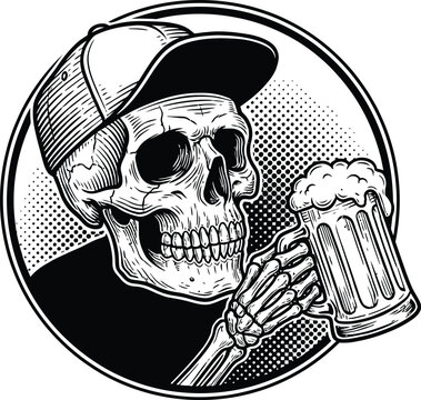 Vintage skull wearing baseball cap drinking beer, retro skeleton holding glass mug of ale, black and white vector illustration for brewery branding