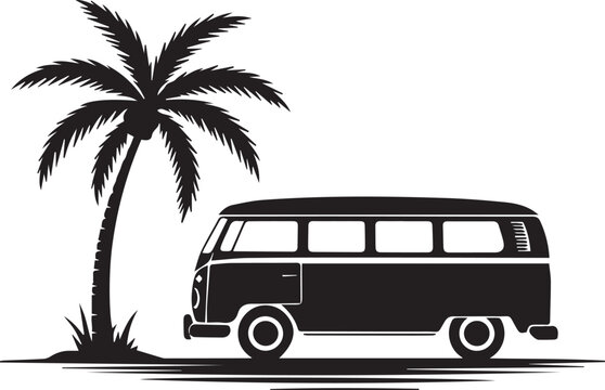 Volkswagen van parked under a palm tree on a beach Vector