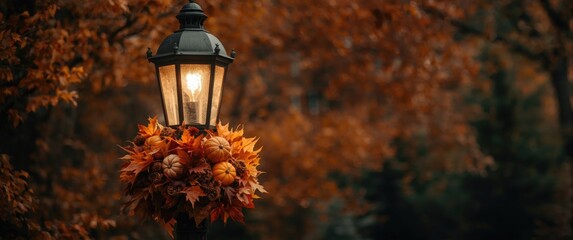 Fototapeta premium Charming autumn wedding ambiance with street lamp embellished by seasonal leaves and pumpkins
