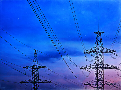 Power lines during dark sunset vintage postcard