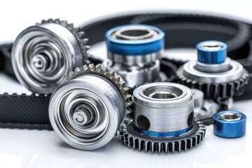 Obraz premium Metallic pulleys and timing belts, precision manufactured