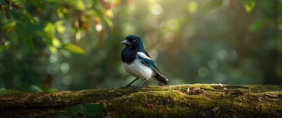 Fototapeta premium A curious magpie positioned on a mossy log as the wind blows through the woodland