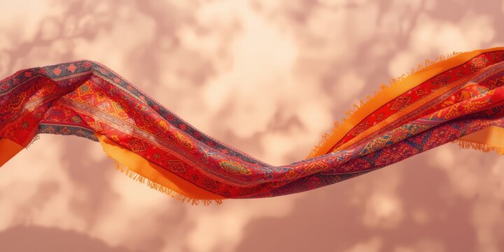Colorful Ethnic Geometric Scarf Draped in Air Soft Background, Warm Tones