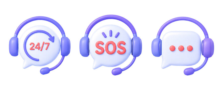 3D customer service support headset icons pack 24 7 hours hotline emergency sos help chat bubble message agent call center assistant contact us feedback telemarketing  illustration