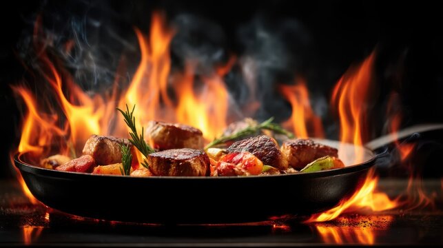 Beef steak pieces with herbs cooking in pan with flames on stove in intense heat culinary process