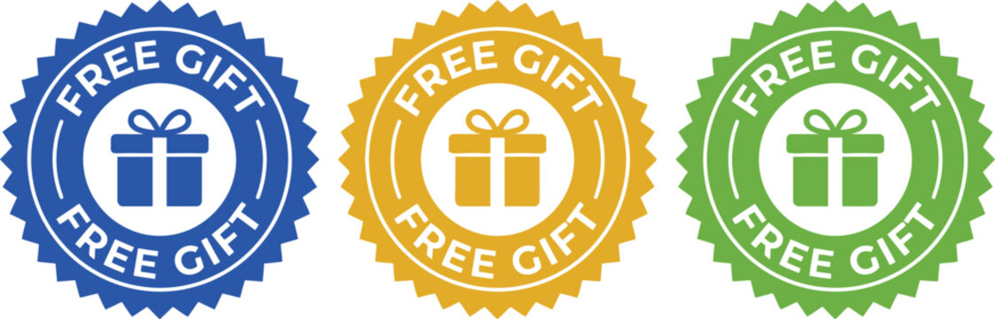 Set of three colorful free gift badge stickers with ribbon style edge