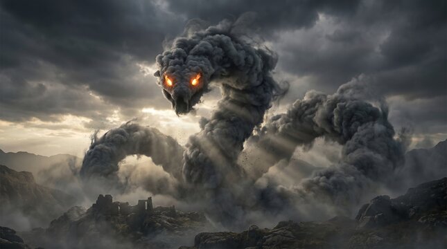 Fearsome smoke serpent with glowing eyes emerges from dark clouds in this dramatic fantasy photo showcasing a powerful mythical creature hovering over a desolate rocky landscape
