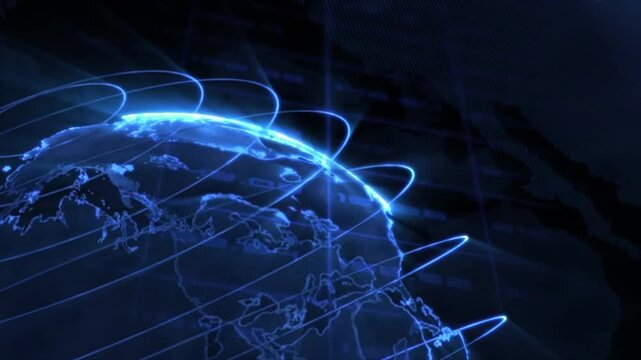 Blue futuristic global network connection earth map with glowing light lines, digital data hud communication loop background for breaking news studio