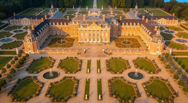 Royal Dutch palace aerial photography with landscaped gardens