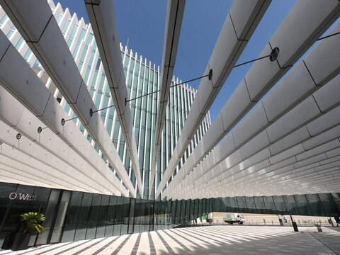 Lisbon / Portugal - August 12, 2018: Details of modern architecture, the EDP Headquarters building of architect Aires Mateus.