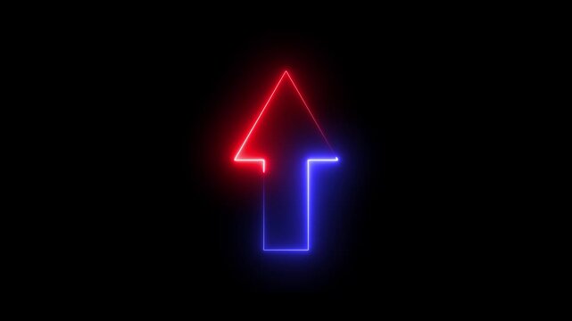 Neon glowing arrow sign pulsing with red and blue light on black background