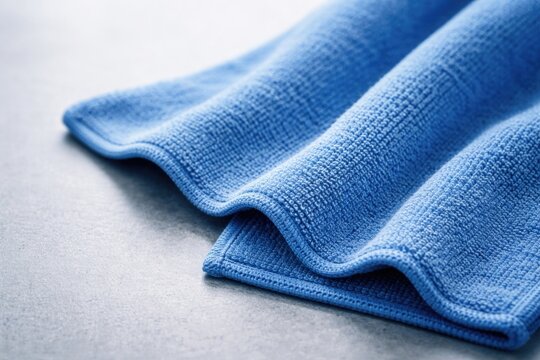 High resolution close up of a dry blue microfiber cloth used for dust removal with copy space
