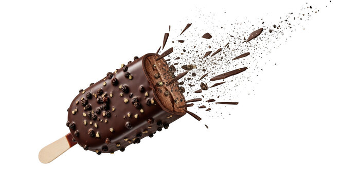 Chocolate ice cream bar with nuts and chocolate chips, exploding with delicious crumbs isolated on transparent background