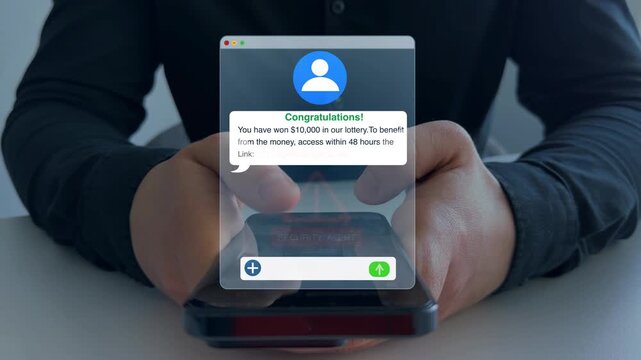 Bank fraud through phone messages.Man holding phone with scam message on digital screen. Fake text SMS scam.Scammers online.Cyber scam.	
