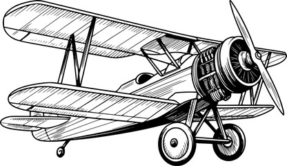 Vintage biplane aircraft with propeller and wheels, black and white airplane © Ripa_Moni
