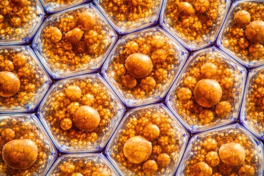 Detailed microscopy of potato leucoplasts rich in starch stained using lugol iodine at 400x