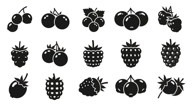 Large collection of flat black berry icons including blackberries, blueberries, raspberries, and wild forest fruits, isolated vector graphics on a plain white background for design.