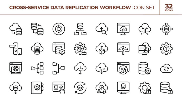 Cross Service Data Replication Workflow Icon Set with Cloud Database Synchronization and Distributed System Symbols