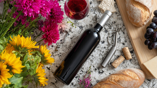 Douja D&rsquo;or wine bottle on table with bread and flowers