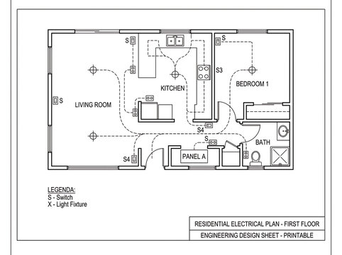 Engineering design sheet for residential electrical plan showing first floor layout with light fixtures switches and panel.