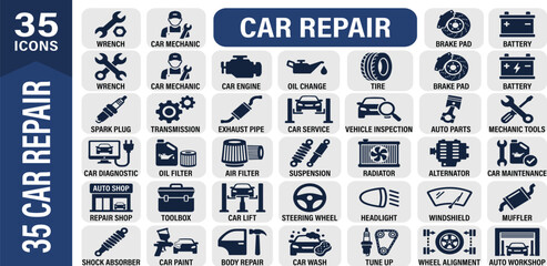 Car repair icon set - service, car mechanic, car, and auto parts icon collection.  © Goat
