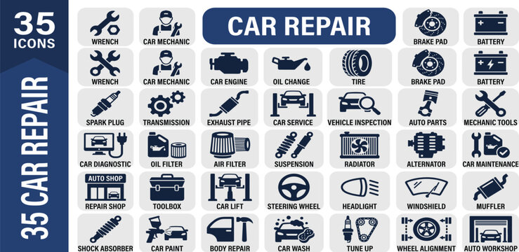 Car repair icon set - service, car mechanic, car, and auto parts icon collection. 