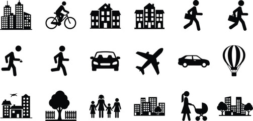 Collection of simple black silhouette icons representing city life, transportation, and people © MD