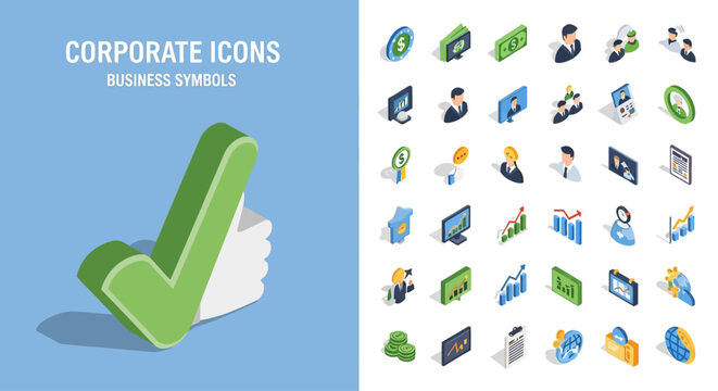 Set of isometric corporate business icons and financial symbols for professional management.