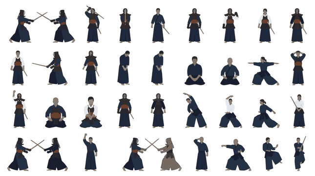 Set of 30 Flat Vector Illustrations Depicting Kendo Practitioners in Various Action Poses with Traditional Bogu Armor, Men Helmets, Shinai Bamboo Swords, and Hakama Uniforms