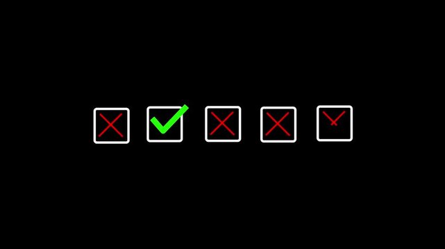 Second Option Approved Among Rejected Checklist Choices with Green Check and Red Cross Icons, Evaluation Animated Background
