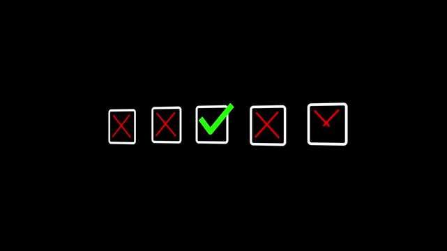 Middle Choice Approved Between Rejected Options with Green Check and Red Cross Checklist Icons, Decision Motion Background