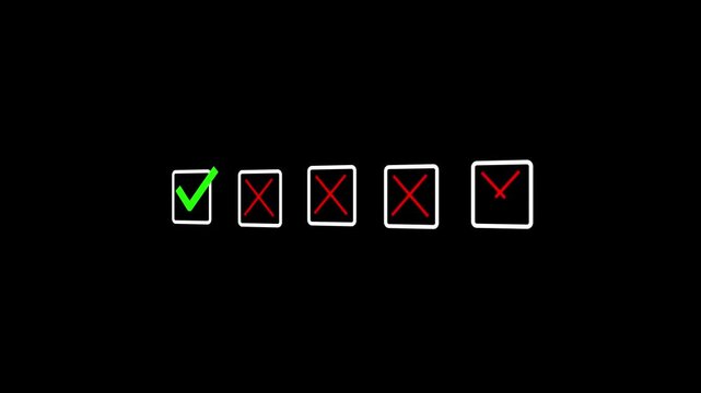 First Option Approved Among Rejected Checklist Choices with Green Tick and Red Cross Marks on Black Background, Decision Motion Background