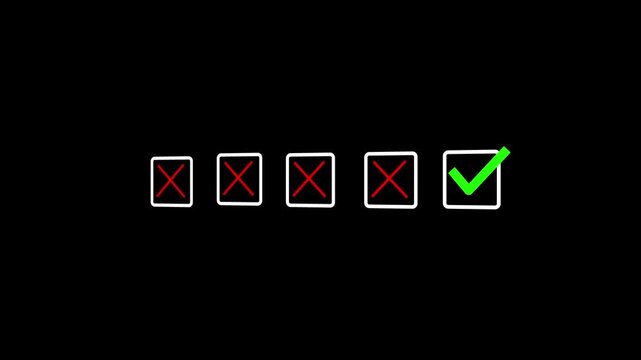 Approved Choice Among Rejected Options on Black Background with Green Check and Red Cross Marks, Decision 3d Motion Background