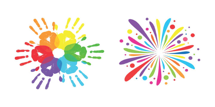 Colorful handprints circle and vibrant abstract firework splash burst vector illustration for creative festival background design.