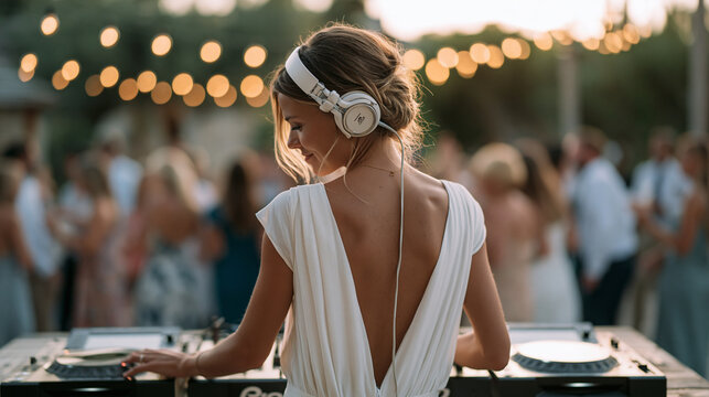 Wedding reception DJ transitioning tracks from a first dance ballad as the newlyweds take a bow, guests flooding onto the dance floor beneath a ceiling strung with globe fairy lights, a ring of exci