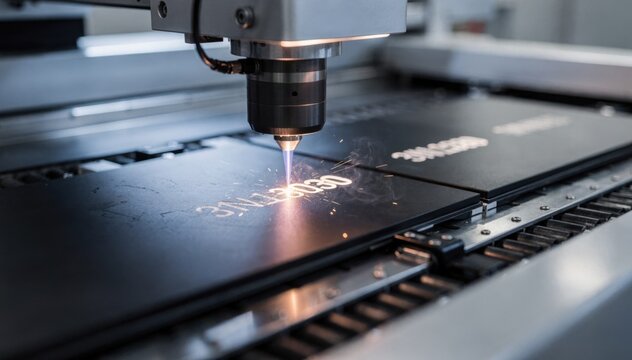 Medium shot of a laser marking machine etching precise serial numbers onto electronic panels in a hightech manufacturing environment with bright focused lighting.