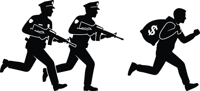 Police officers chasing robber silhouette with money bag crime enforcement action vector illustration collection