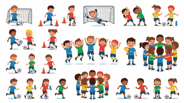 Large collection of 30 diverse children characters in a flat vector illustration style, featuring various boys and girls in different outfits and poses on a white background.