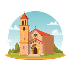 Naklejka premium Cartoon church illustration on green landscape with clear sky