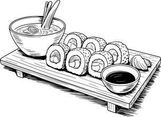 Hand-drawn black and white sushi rolls with soy sauce and miso soup maki food japanese © Ripa_Moni