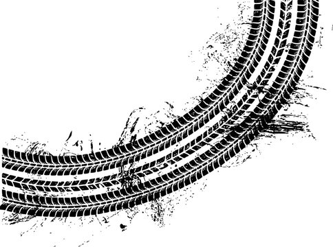Black tire tracks with grunge splatter white background